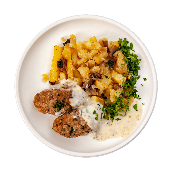 Мясные котлеты в сливочно-горчичном соусе с картофелем и грибами 